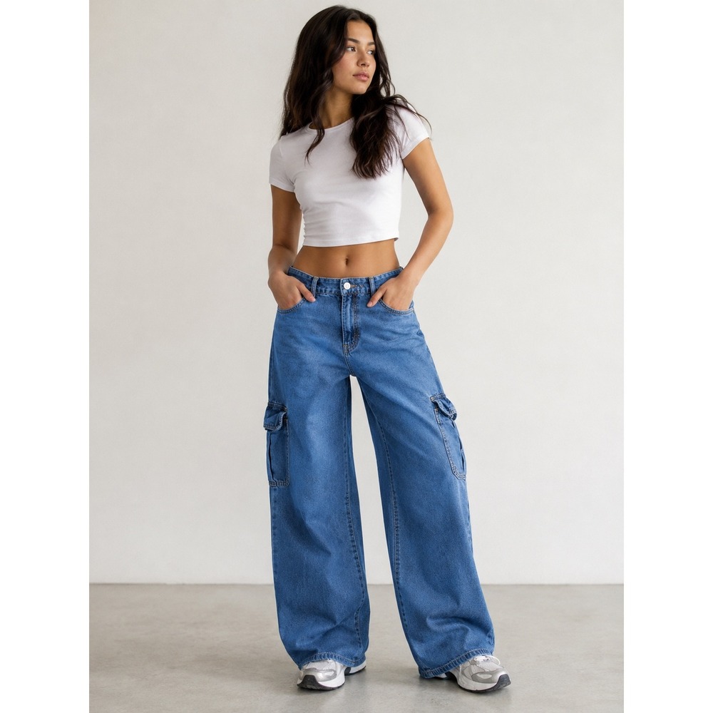 Curve Appeal Womens Wide Leg Cargo Jeans Blue High Rise Baggy Denim Size 6 28
